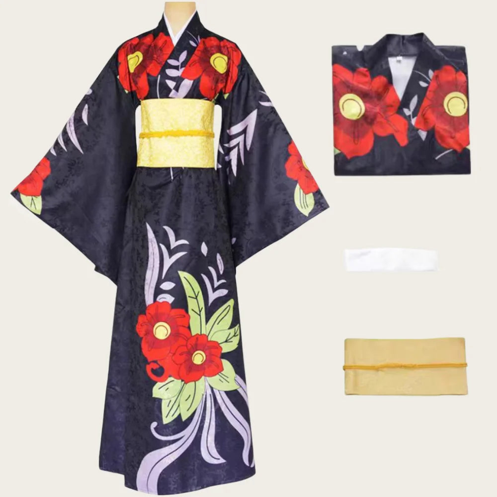 Demon slayer Tamayo's Japanese kimono with red floral patterns on a plain background