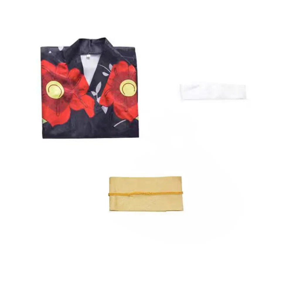 Tuxedo with red floral design and gold buttons on a white background