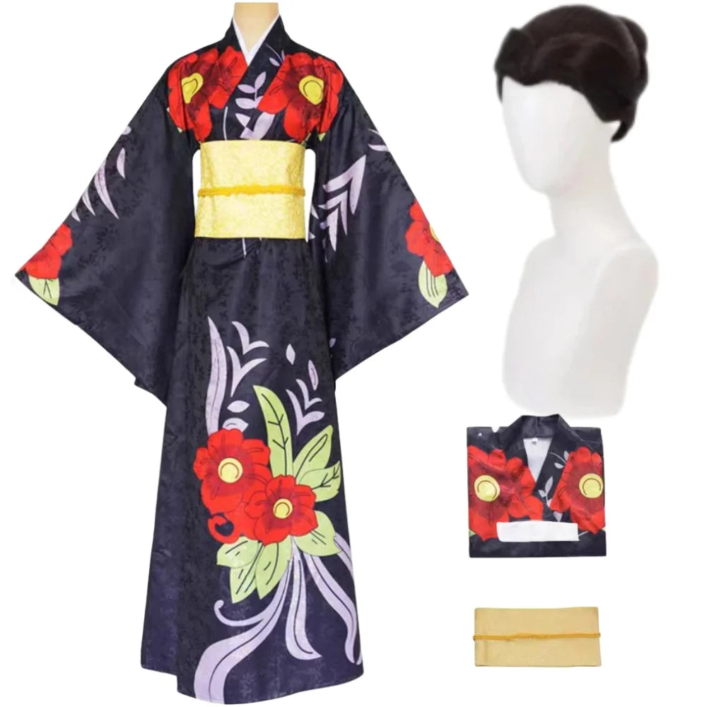 Demon slayer Tamayo's kimono with floral patterns on a mannequin, accompanied by a hair accessory and box.
