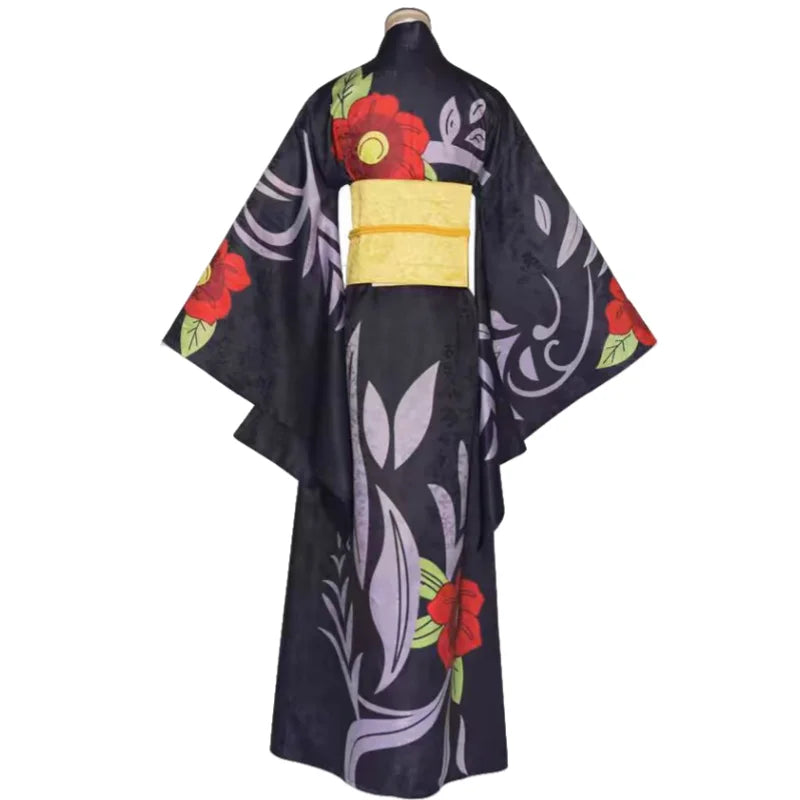 Black kimono with floral patterns on a white background