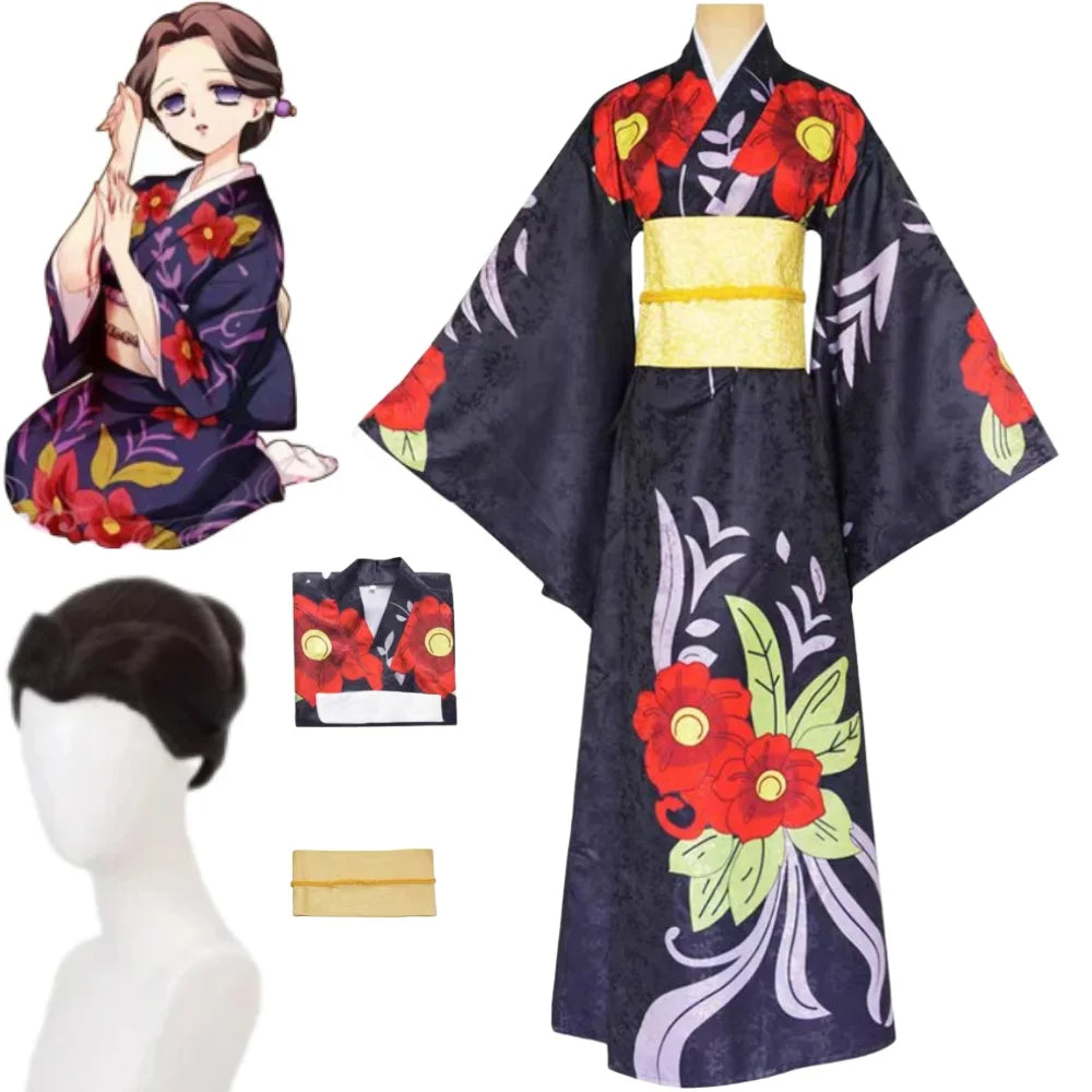 Miss Tamayo's kimono with floral patterns, hair accessory, and mannequin head on a white background