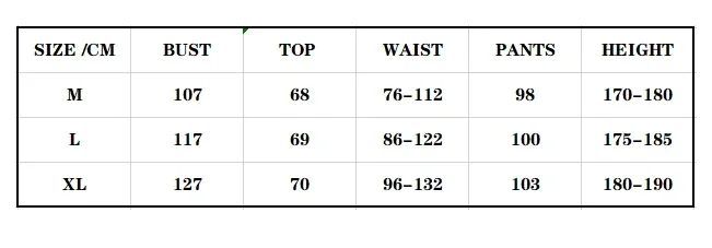 Size chart with measurements for bust, top, waist, pants, and height in centimeters.