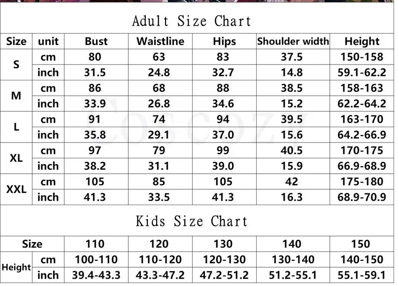 Size chart for adults and kids with measurements in centimeters and inches.