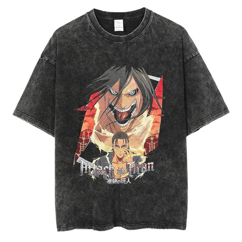 Attack on Titan T-Shirt | Acid Washed t shirt Anime Street Style Black 19 S