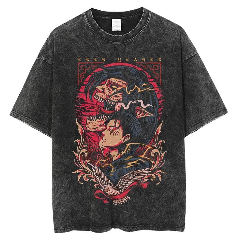 Attack on Titan T-Shirt | Acid Washed t shirt Anime Street Style Black 3 S