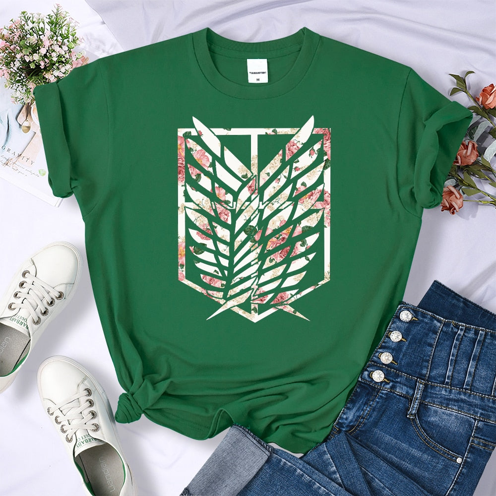 Attack on Titan Women's Floral Wings of Freedom Green Tshirt