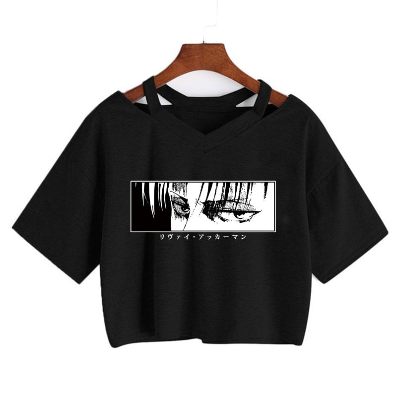 Attack on titan black crop top with levi ackerman eyes print