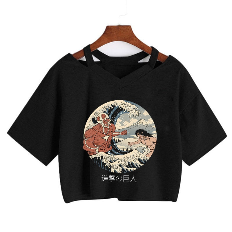 Attack on titan black crop top with colossal titan and attack titan print