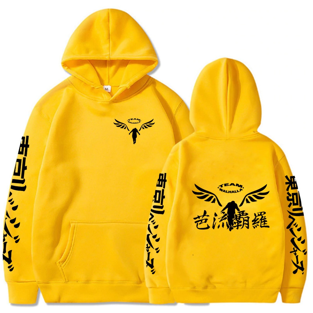 Tokyo Revengers yellow hoodie walhalla front and back view