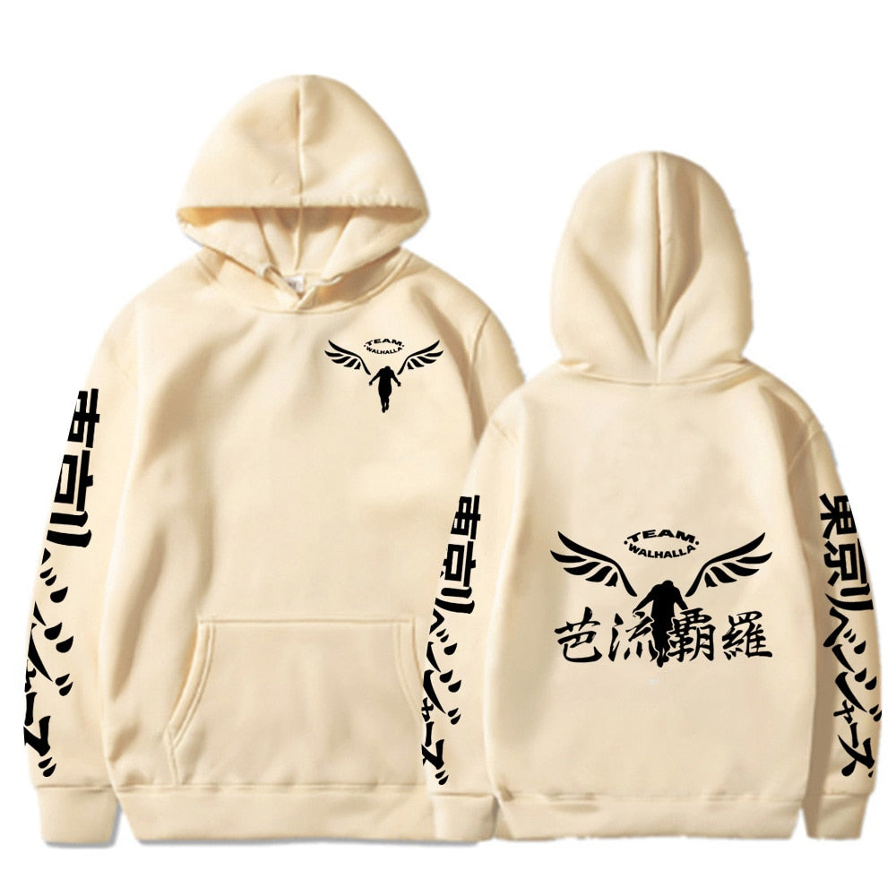 Tokyo Revengers beige hoodie walhalla front anf back view