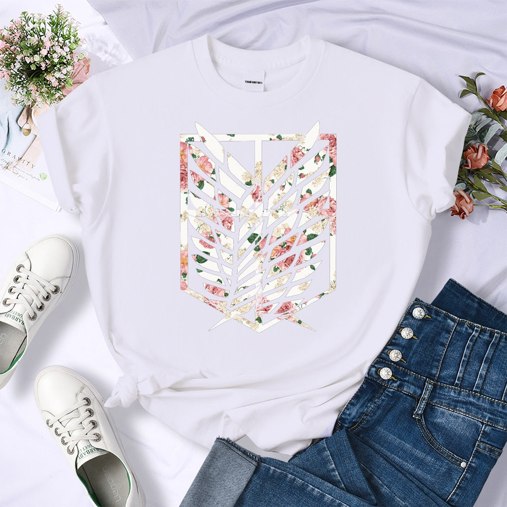 Attack on Titan Women's Floral Wings of Freedom White Tshirt