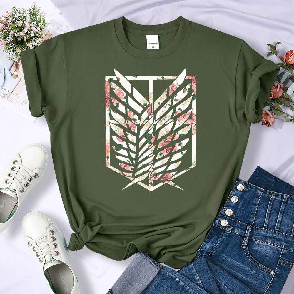 Attack on Titan Women's Floral Wings of Freedom Sage Green Tshirt