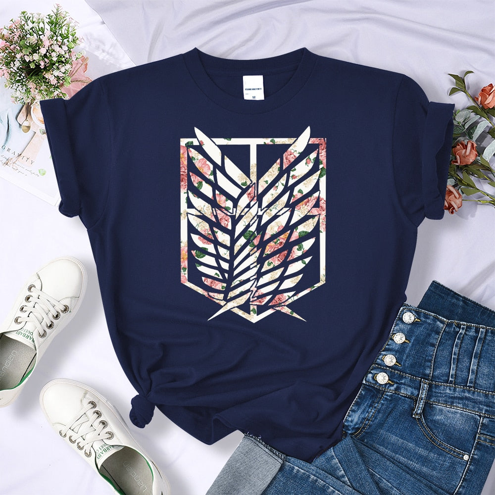 Attack on Titan Women's Floral Wings of Freedom Navy Blue Tshirt