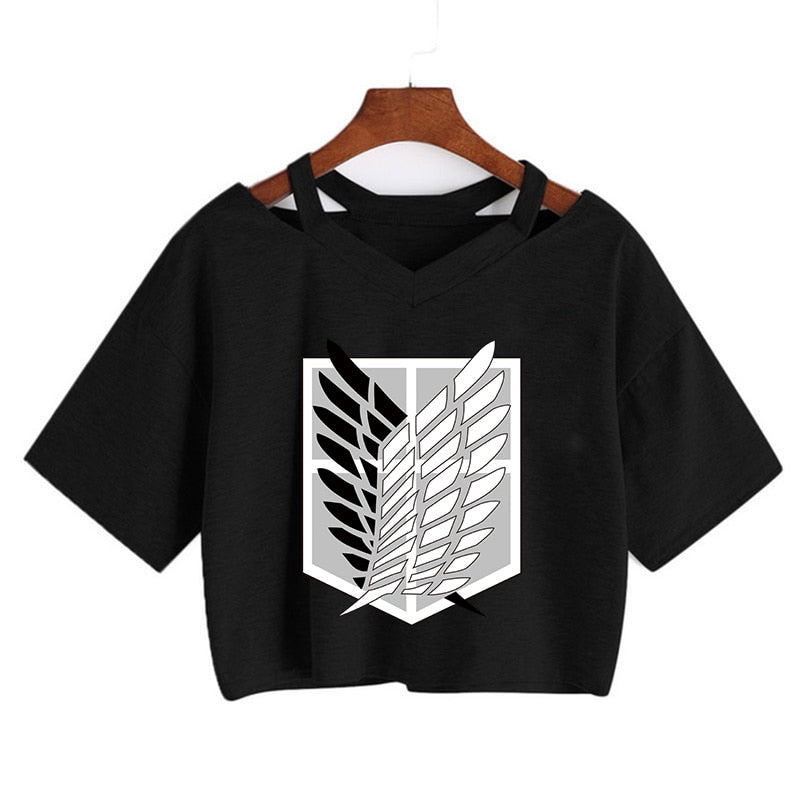 Attack on Titan wings of freedom logo in front black crop top