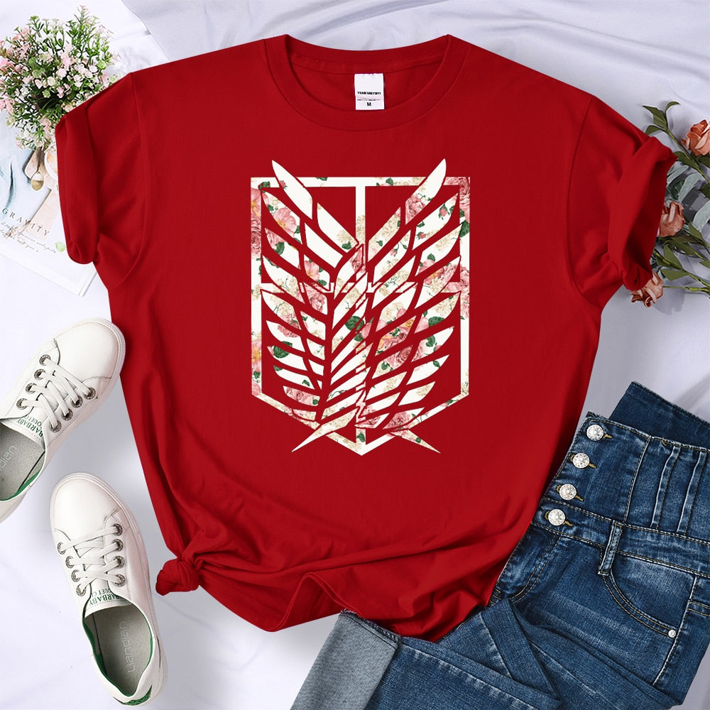 Attack on Titan Women's Floral Wings of Freedom Red Tshirt