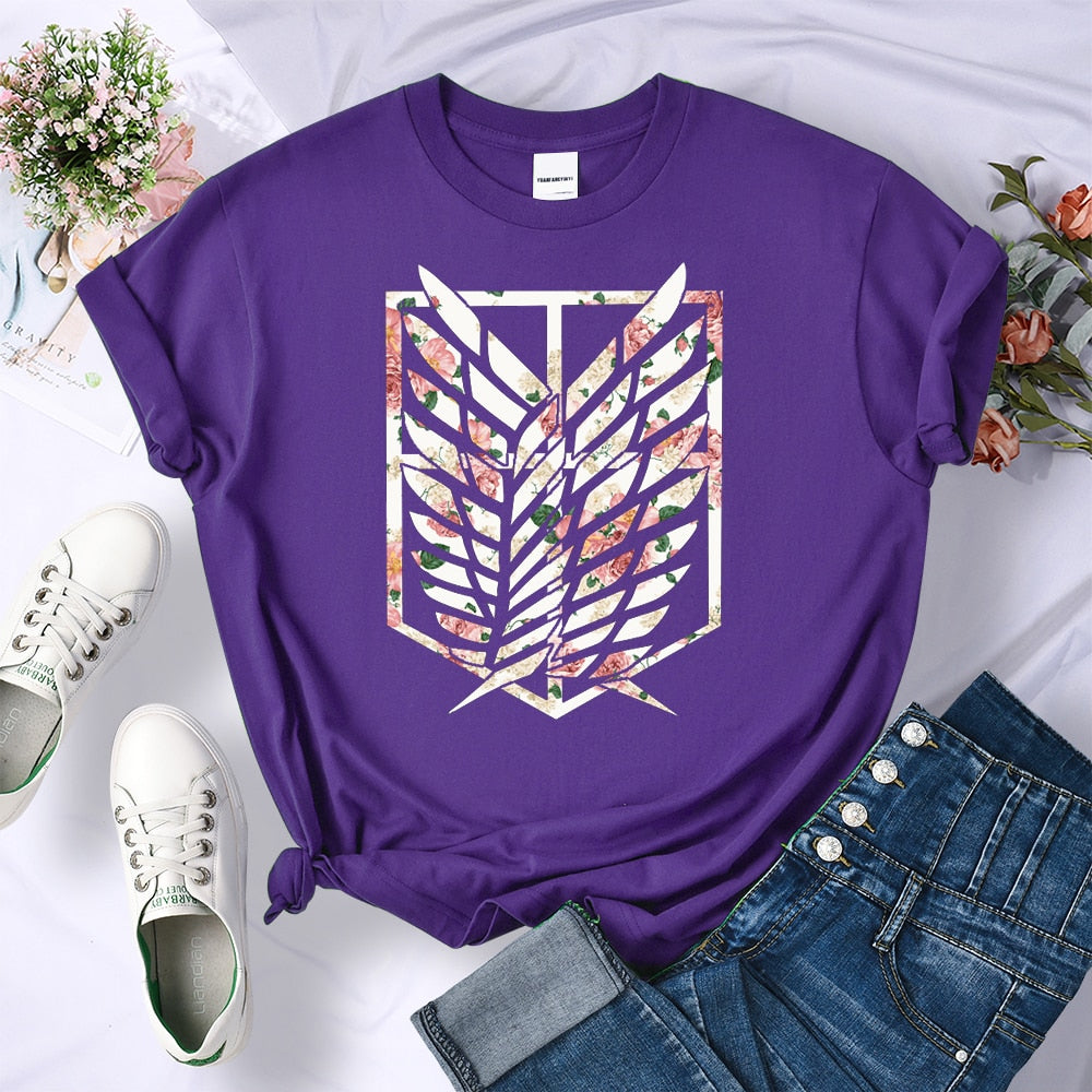 Attack on Titan Women's Floral Wings of Freedom Purple Tshirt