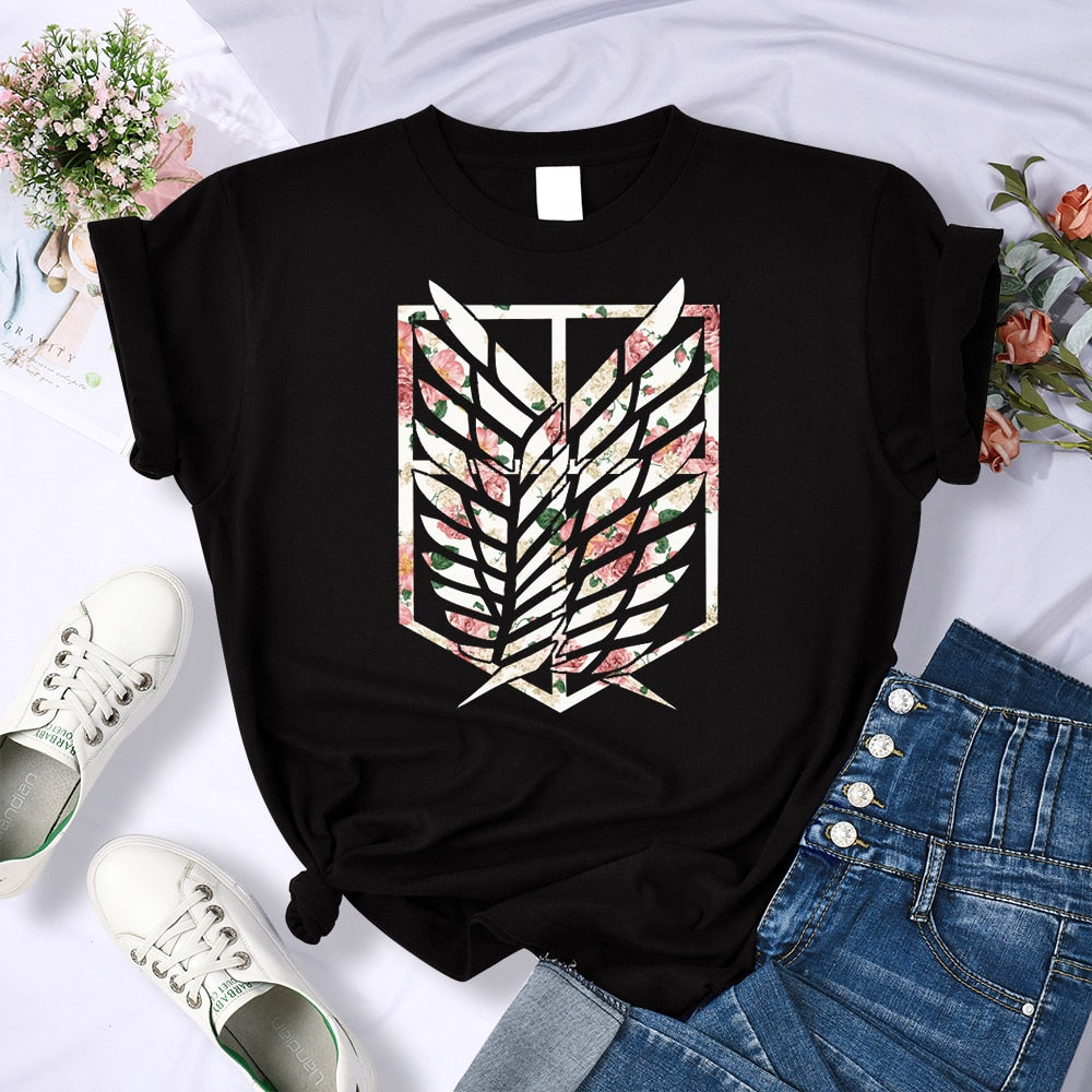 Attack on Titan Women's Floral Wings of Freedom Black Tshirt