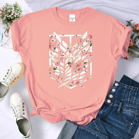 Attack on Titan Women's Floral Wings of Freedom Pink Tshirt